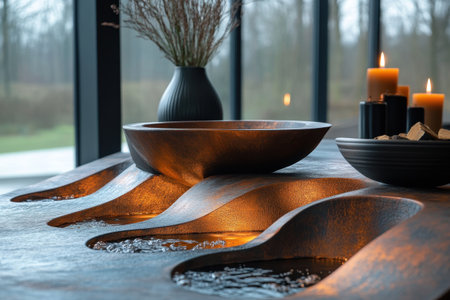 Beautifully designed water features flow gently in a calming indoor environment, surrounded by flickering candles and natural elements. The soft lighting enhances the tranquil atmosphere, ideal for relaxation.の素材