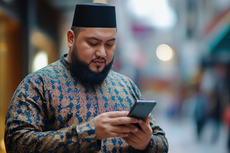 A man dressed in ornate traditional attire examines his smartphone while standing in a lively street. The background features colorful storefronts and soft lighting, suggesting a festive atmosphere in the early evening.の素材