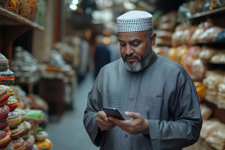 A man wearing traditional clothing browses his smartphone while standing in a vibrant market filled with colorful spices and local products. The atmosphere is lively, showcasing the rich culture and commerce of the area.の素材