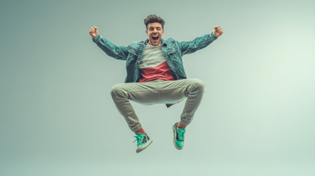A young man with stylish attire is caught mid-jump, expressing pure joy and enthusiasm. His vibrant outfit and energetic pose convey a lively mood, making the moment striking and memorable. The neutral background emphasizes his dynamic presence.の素材