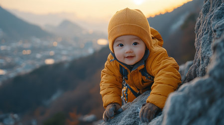 A young child in a bright orange jacket and yellow hat is climbing on rocky surfaces at golden hour. The backdrop showcases a beautiful valley and distant mountains, enhancing the adventurous atmosphere in nature.の素材