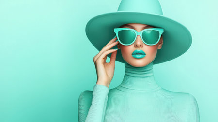 A stylish model poses in a monochromatic turquoise outfit, complete with a wide-brimmed hat and oversized sunglasses. The minimalist backdrop highlights her look, creating a striking visual effect in a fashion-forward setting.の素材