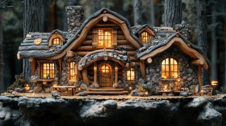 A beautifully crafted wooden cottage stands peacefully in a tranquil forest at dusk. Its warm lights glow through the windows, illuminating the stone exterior and inviting warmth into the serene surroundings.の素材