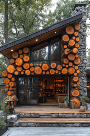 This striking cabin features a dynamic facade of rounded wooden logs arranged alongside a sturdy stone base. Surrounded by lush greenery, the structure blends contemporary design with rustic charm, set in a tranquil forest environment.の素材