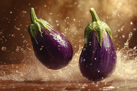 Two vibrant purple eggplants are captured mid-splash as water droplets cascade around them. The warm, blurred background enhances the freshness of the vegetables, making it a striking focal point for culinary dishes.の素材