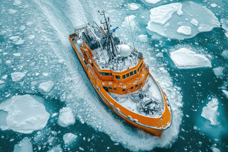 A vibrant orange icebreaker vessel is cutting through icy waters, surrounded by floating icebergs. The bright ship stands out against the stark blue hues of the ocean and the white ice, showcasing its essential role in winter navigation.の素材