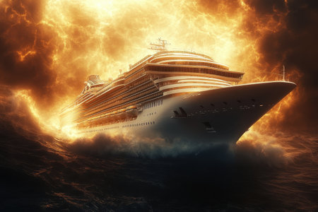 A massive cruise ship struggles against towering waves and an engulfing fire, highlighting the intensity of a fierce storm. Dark clouds loom overhead as the scene unfolds under a dramatic nighttime sky.の素材