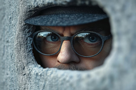 A man peers through a small, irregular opening in a stone wall, revealing thoughtful blue eyes framed by glasses. His expression suggests curiosity and intrigue, set against a bright backdrop of trees and nature.の素材