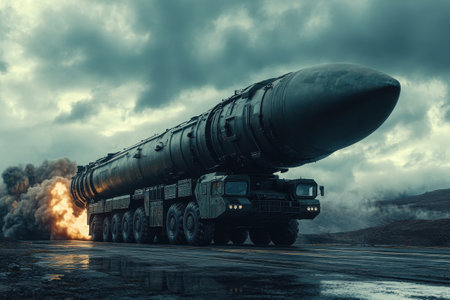 A military vehicle with a large missile is seen maneuvering on a rugged terrain, leaving a trail of smoke as it moves. The atmosphere features dark, dramatic clouds, suggesting an impending storm or tension in the air.の素材