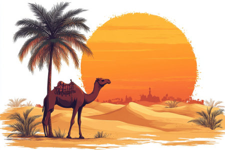 A solitary camel with a saddle rests beside lush palm trees in a vast desert. The sun sets, casting a warm orange glow over the sand dunes and illuminating a city silhouette in the background, creating a tranquil atmosphere.の素材