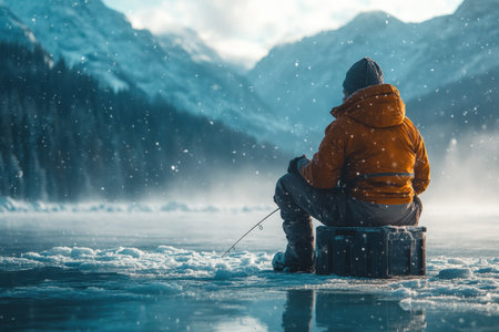 A solitary figure sits on an ice fishing box, clad in winter gear, fishing through a hole in the frozen lake. Snow falls softly, creating a serene atmosphere, while towering mountains rise in the background under a cloudy sky.の素材