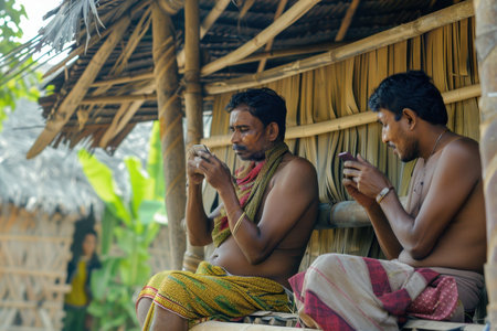 Two men in traditional attire are seated on a bamboo platform outside a thatched-roof house in a rural setting. They are engrossed in their mobile phones, highlighting modern technology's presence in village life.の素材