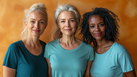 Three women stand side by side, each showcasing unique hair textures and colors. They wear matching turquoise shirts and smile warmly against a bright orange wall, radiating friendship and confidence.の素材