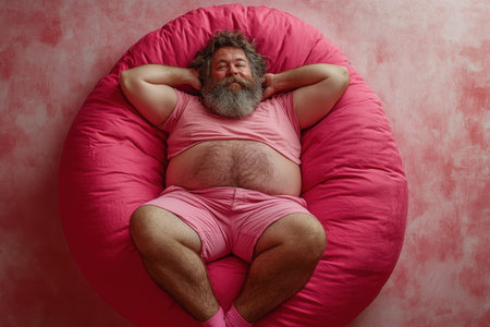A man with a full beard and a relaxed demeanor sits comfortably on a large pink bean bag. Dressed in matching pink shorts and a t-shirt, he enjoys his leisure time in a soft-lit, cozy space, exuding a sense of joy and contentment.の素材