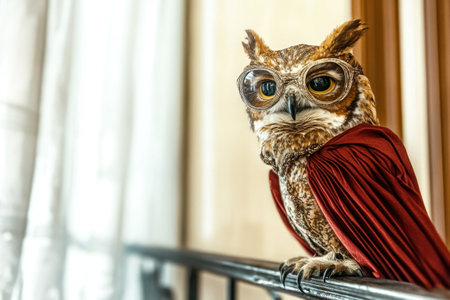 A unique owl, adorned with fashionable glasses and a vibrant red cape, is perched confidently on a metal railing. Sunlight filters through the window, highlighting its captivating features and unusual attire.の素材