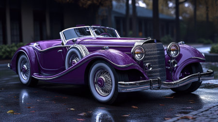 A striking purple classic convertible gleams in the soft light of an overcast afternoon, parked on a wet street. The surrounding trees and old buildings create a nostalgic atmosphere, showcasing timeless elegance.の素材