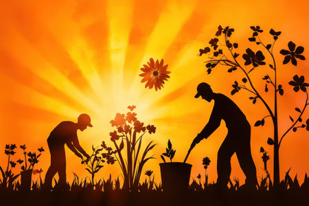 Two gardeners are depicted working in a lush garden, planting flowers and nurturing plants as the sun sets in the background. The warm hues of orange and yellow create a tranquil environment filled with silhouettes of blooming flora.の素材