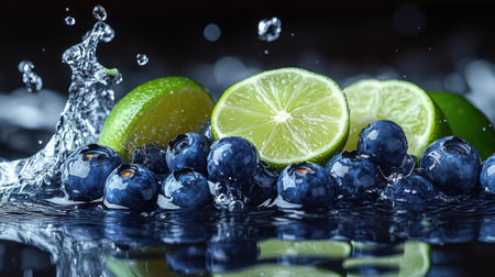 Fresh blueberries and halved limes create a captivating splash as they collide with water. The vibrant colors and dynamic movement highlight the natural beauty of these fruits in a low-lit studio.の素材