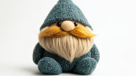 A whimsical gnome doll crafted from soft material, featuring a knitted teal outfit, a round nose, and a prominent wool beard. This charming decoration brings warmth and cheer to any space, perfect for collectors or gifting.の素材