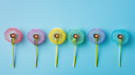 Six dandelion flowers in shades of red, yellow, and blue are placed in a straight line on a bright blue background. Each flower stands out with its vibrant colors, representing the beauty of spring and nature s artistry.の素材