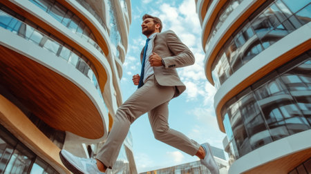 A man in a beige suit and white sneakers jogs through a contemporary urban landscape. Tall buildings with glass facades surround him as he moves energetically under a bright blue sky, embodying determination and success.の素材