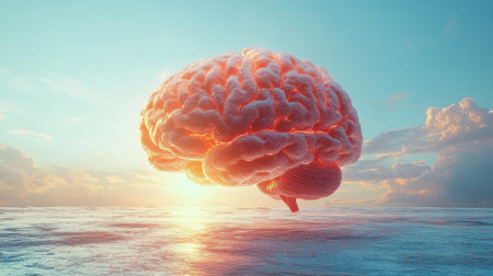 A large, fantastical brain hovers above calm water under a beautiful sunset. The scene merges elements of human thought with the serenity of nature, evoking imagination and contemplation in an enchanting setting.の素材