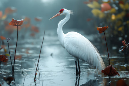 A graceful white crane stands in shallow waters, its reflection visible on the calm surface. Autumn leaves in vibrant shades of red surround the scene, while a soft mist blankets the wetland at dawn.の素材