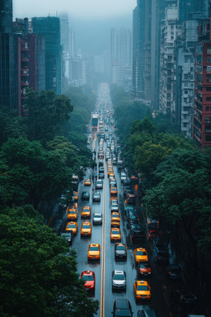 Endless rows of vehicles, including yellow taxis, inch along a busy street in a sprawling city. Towering buildings loom overhead, while the overcast sky casts a gloomy hue on the vibrant greenery lining the road.の素材