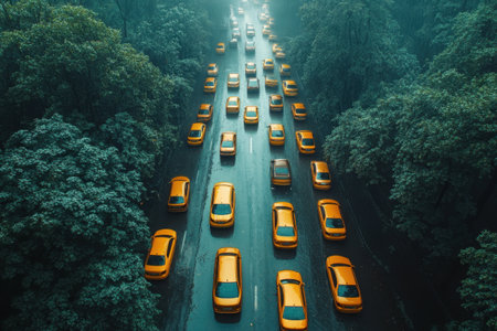 A row of vibrant yellow taxis is seen on a wet road, creating a striking contrast against the dark asphalt. Tall green trees frame the sides, enhancing the bustling urban atmosphere on a misty afternoon.の素材