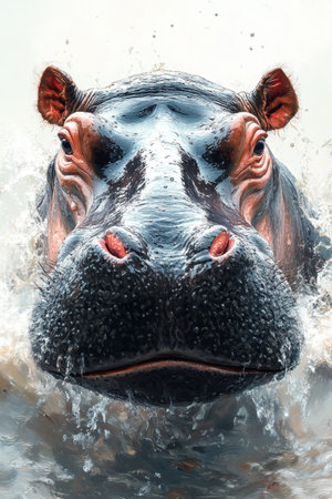 A large hippopotamus surfaces from the water, creating splashes as it leans forward. The golden light of late afternoon casts a warm glow on its skin, emphasizing the natural beauty of the surrounding wildlife reserve.の素材