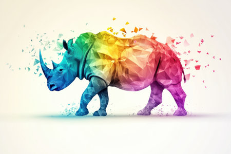 A rhinoceros figure composed of geometric shapes progresses forward. The design blends vivid rainbow colors that give a modern artistic flair, set against a simple light backdrop that enhances its visual impact.の素材