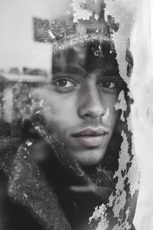 A young man is seen looking through a frost-covered window. His expression reflects deep thought and contemplation. The cold weather is evident in the frosty patterns on the glass, hinting at a serene yet forlorn atmosphere.の素材