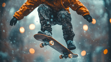 A skater in an orange jacket and camouflage pants jumps off a skateboard, soaring through the snowy air against a backdrop of blurred streetlights. The winter atmosphere adds a magical quality to the urban landscape.の素材
