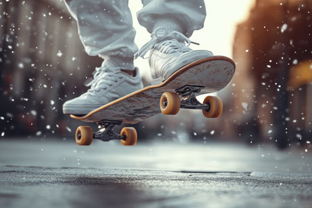 A skater lifts their skateboard off the ground in a snowy urban environment, showcasing stylish white sneakers against the backdrop of a serene winter evening. The snowflakes gently fall around them, creating a captivating atmosphere.の素材
