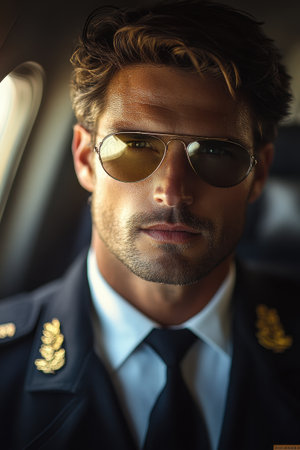 A pilot exudes confidence while sitting inside a private jet, dressed in a stylish uniform featuring insignia. The sunlight reflects off his sunglasses, enhancing the luxurious atmosphere of the aircraft.の素材