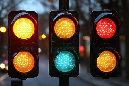 Vibrant traffic lights shine in a city as dusk approaches, with red, yellow, and green signals guiding vehicles and pedestrians. The lights reflect the lively urban environment filled with anticipation and movement.の素材