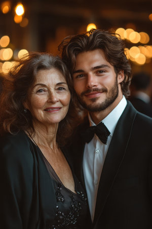 In a warm and inviting setting, a woman with graceful features poses alongside a young man in a tuxedo. They share bright smiles, highlighting the joyful atmosphere of the evening filled with twinkling lights and elegant guests.の素材