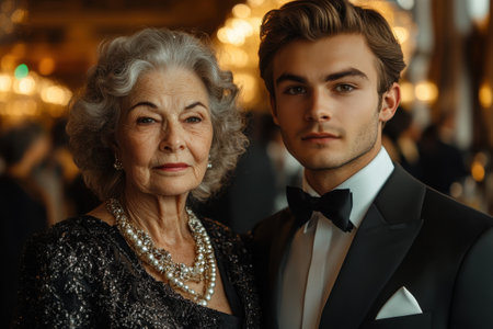 A distinguished man and an elegant older woman pose together at a formal gathering. They showcase refined fashion with the woman wearing a stylish dress and pearls while the man dons a classic tuxedo. The warm lighting creates a beautiful atmosphere.の素材