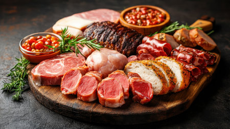 Artisanal meats are arranged beautifully on a wooden platter, showcasing a variety of cuts including cured options. Fresh herbs add color, while bowls of sundried tomatoes and garnishes enhance the presentation, setting a gourmet mood.の素材