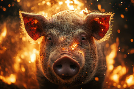 A pig is captured in a powerful stance surrounded by flames, exuding an aura of strength and courage. The contrasting light of the fire highlights the pig's features, creating a striking and memorable visual in a nighttime environment.の素材