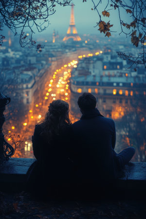 A couple sits closely together, gazing at the beautiful skyline of Paris during dusk. The Eiffel Tower stands tall in the background, surrounded by warm city lights and a tranquil atmosphere, perfect for a romantic evening.の素材