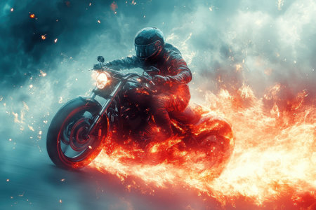 A skilled rider maneuvers a motorcycle through a blaze of flames, showcasing daring precision and control. The fiery background creates a dramatic contrast with the action, capturing an electrifying moment in a dynamic urban setting.の素材