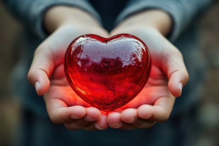 Two hands gently cradle a heart-shaped glass figure that glimmers with a soft red hue, surrounded by a tranquil outdoor environment. The warm light enhances the beauty of this heartfelt gesture, creating a captivating moment.の素材