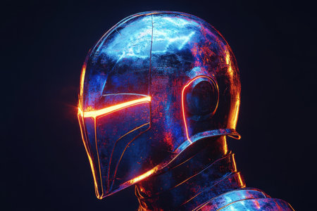 A striking knight's helmet gleams with reflections of vivid colors, showcasing a blend of blues, purples, and golds. Its smooth surface catches light in an otherworldly manner, creating a visually captivating effect.の素材