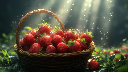 A woven basket brims with ripe strawberries resting on the ground in a sunlit garden. Light filters through the leaves, illuminating the rich reds of the berries scattered among lush green plants, capturing the essence of springの素材