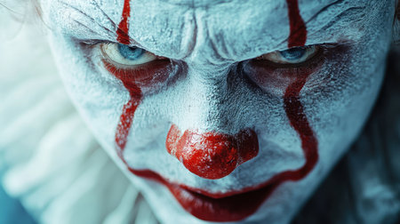 A clown with striking red hair and bold face paint captures attention with an intense gaze. The unsettling expression suggests a theatrical performance, evoking emotions through body language and makeup artistry.の素材