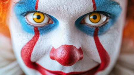 A clown with colorful makeup and a large, bright hat stands directly in front of the camera, displaying a big, welcoming smile. The setting reflects a festive mood with joyful energy, drawing attention to the playful atmosphere.の素材