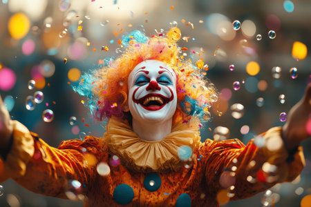 A vibrant clown performs enthusiastically for an excited crowd at a festival in an urban park. Surrounded by colorful balloons and floating bubbles, the atmosphere is filled with laughter and joy as confetti rains down.の素材