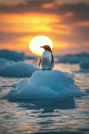 A lone penguin perches on an iceberg as the sun sets over the serene Antarctic waters. The vibrant hues of orange and gold reflect off the ice, creating a captivating contrast against the cool blues of the ice and ocean.の素材