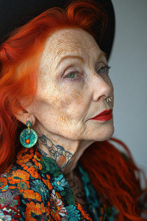 A woman with striking red hair and distinctive features poses gracefully in an indoor setting. Her colorful attire is complemented by oversized earrings and intricate tattoos, highlighting her individuality and confidence.の素材